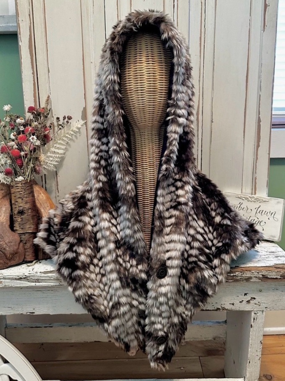 Faux Fur Hooded Cape in Snake Skin Gray
